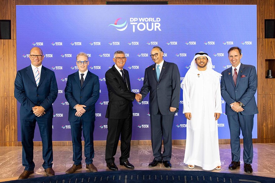 New era (from left): Guy Kinnings, Deputy CEO European Tour group, Ryder Cup Director and Chief Commercial Officer, Keith Pelley, Chief Executive of the European Tour group, David Williams, Chairman of the European Tour group, Yuvraj Narayan, Group Chief Financial, Strategy and Business Officer, DP World, Abdulla Bin Damithan, CEO and Managing Director of DP World UAE, and Daniel van Otterdijk, Chief Communications Officer, DP World.