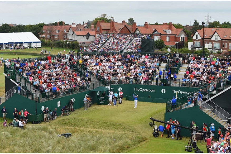 Dustin Johnson tees off in The Open at Royal Liverpool.