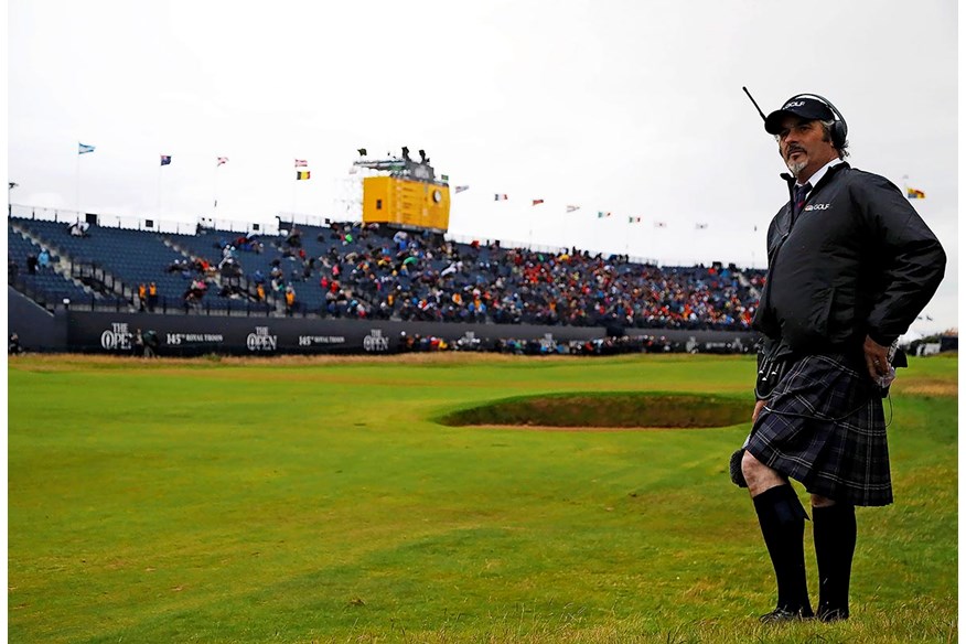 David Feherty broadcasting from the course for the Golf Channel at the 2018 Open at Carnoustie.