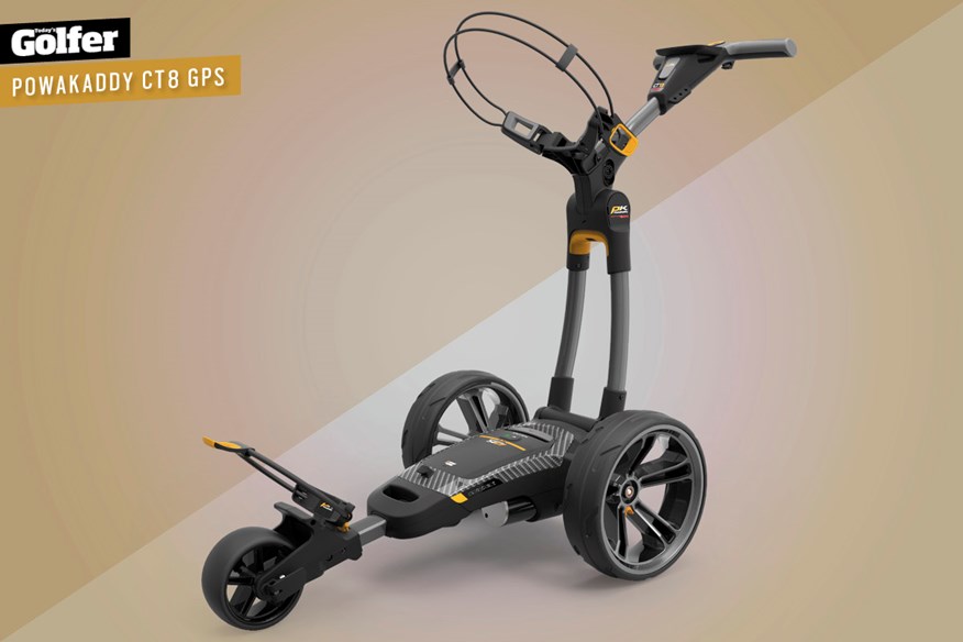 The PowaKaddy CT8 GPS electric golf trolley.