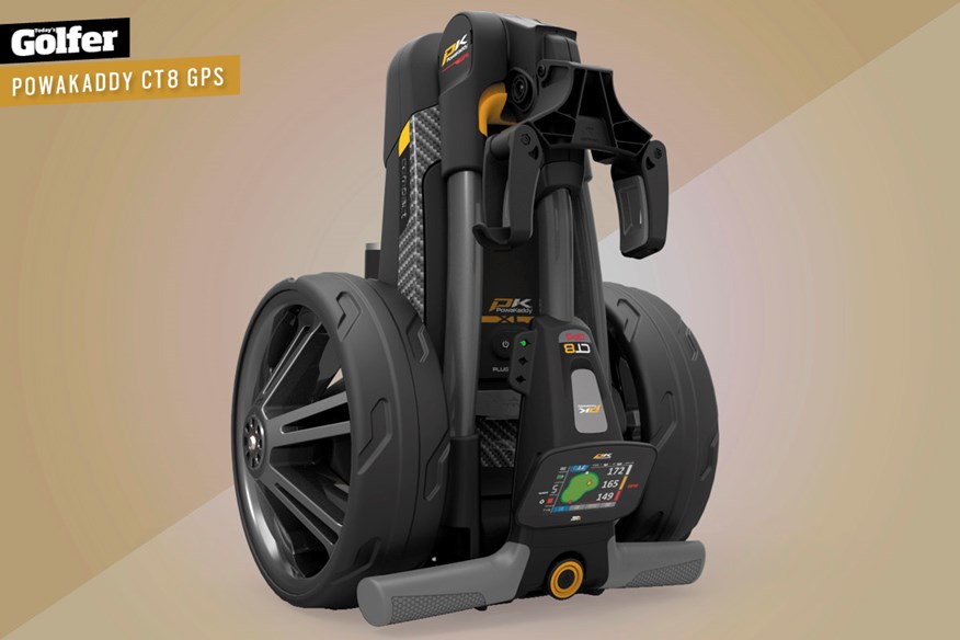 The PowaKaddy CT8 GPS electric golf trolley.