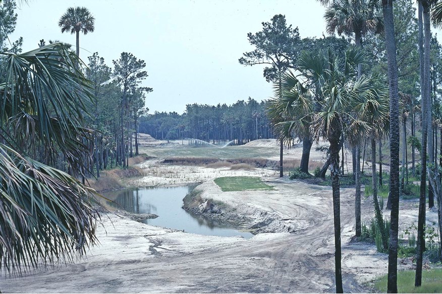 The par-5 16th from the back tees, the lake now greatly enlarged. 