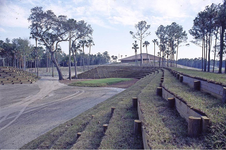 An alternative view of the first tee and stadium-style seating.