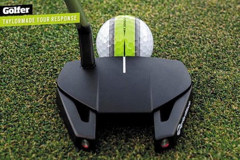 The TaylorMade Tour Response Stripe aids alignment. The TaylorMade Tour Response Stripe aids alignment.